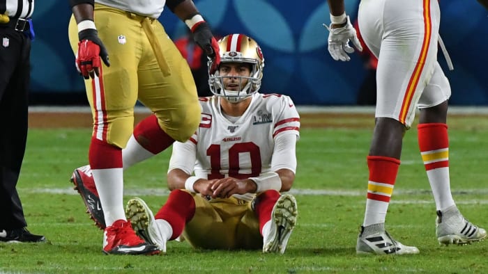 Jimmy Garoppolo reacts after a sack in the fourth quarter against the Kansas City Chiefs in Super Bowl LIV at Hard Rock Stadium.